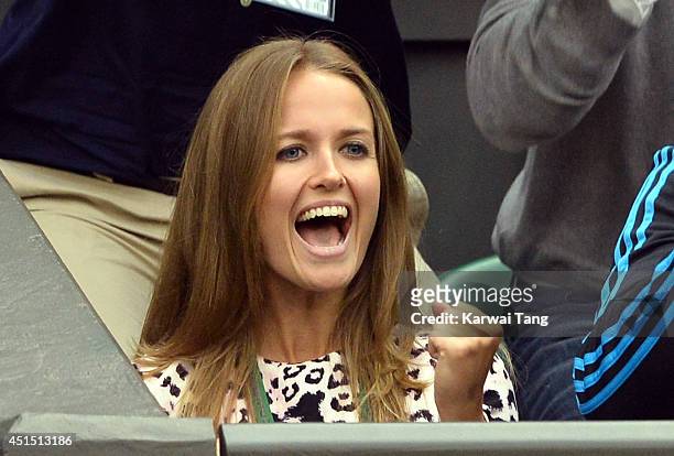 Kim Sears attends the Andy Murray v Kevin Anderson match on centre court during day seven of the Wimbledon Championships at Wimbledon on June 30,...
