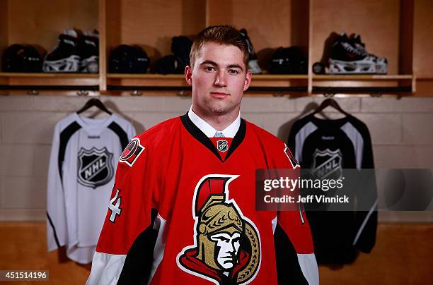 Shane Eiserman, 100th overall pick of the Ottawa Senators, poses for a portrait during the 2014 NHL Entry Draft at Wells Fargo Center on June 28,...