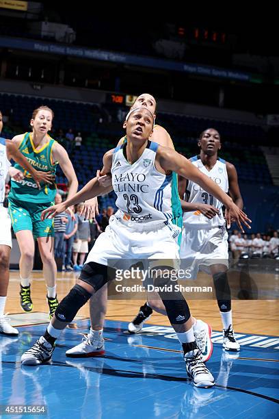 Maya Moore of the Minnesota Lynx guards her position against the Australian Opals on May 5, 2014 at Target Center in Minneapolis, Minnesota. NOTE TO...