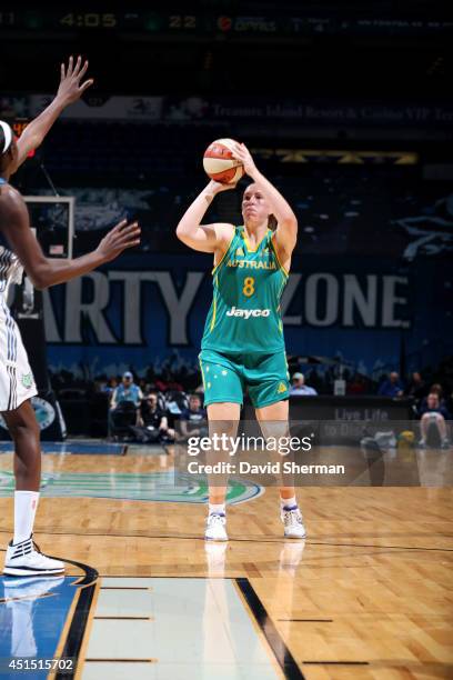 Natalie Burton of the Australian Opals shoots against the Minnesota Lynx on May 5, 2014 at Target Center in Minneapolis, Minnesota. NOTE TO USER:...