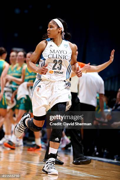 Maya Moore of the Minnesota Lynx runs down the court during a game against the Australian Opals on May 5, 2014 at Target Center in Minneapolis,...