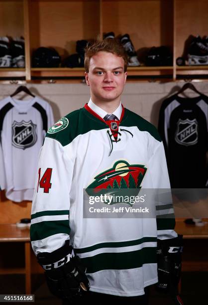 Reid Duke, 169th overall pick of the Minnesota Wild, poses for a portrait during the 2014 NHL Entry Draft at Wells Fargo Center on June 28, 2014 in...