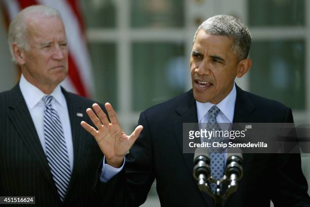 President Barack Obama delivers remarks about the faltering immigration reform agenda to the news media with Vice President Joe Biden in the Rose...