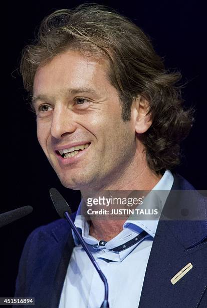 Former Italian Formula One racing driver Jarno Trulli speaking at the Global Launch of the all-electric FIA Formula E Championship in London on June...