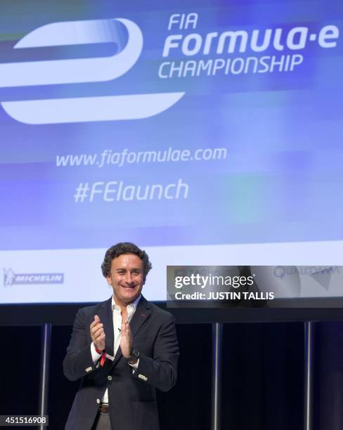 Spanish businessman and CEO of Formula E holdings Alejandro Agag applauds at the Global Launch of the all-electric FIA Formula E Championship in...