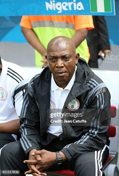 Head coach of Nigeria Stephen Keshi looks on prior to the 2014 FIFA World Cup Brazil Round of 16 match between France and Nigeria at Estadio Nacional...