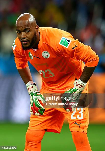 Goalkeeper Rais M'Bolhi of Algeria looks on during the 2014 FIFA World Cup Brazil Round of 16 match between Germany and Algeria at Estadio Beira-Rio...