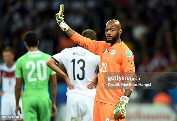 Rais M'Bolhi of Algeria reacts during the 2014 FIFA World Cup Brazil Round of 16 match between Germany and Algeria at Estadio Beira-Rio on June 30,...