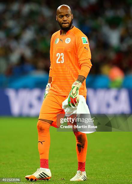 Goalkeeper Rais M'Bolhi of Algeria looks on during the 2014 FIFA World Cup Brazil Round of 16 match between Germany and Algeria at Estadio Beira-Rio...