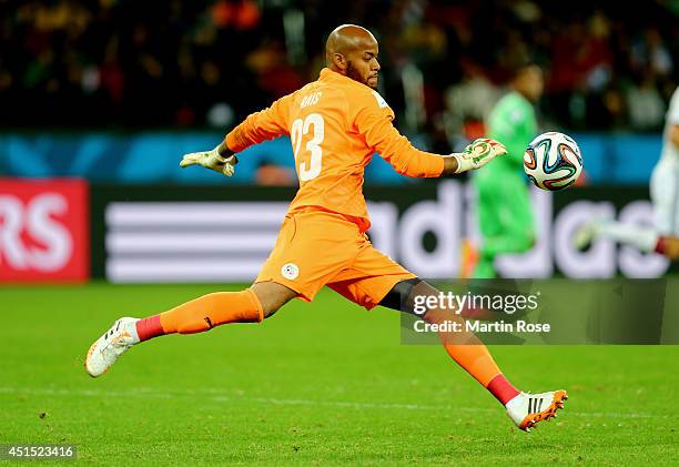 Rais M'Bolhi of Algeria punts the ball during the 2014 FIFA World Cup Brazil Round of 16 match between Germany and Algeria at Estadio Beira-Rio on...