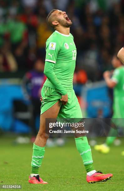 Islam Slimani of Algeria reacts during the 2014 FIFA World Cup Brazil Round of 16 match between Germany and Algeria at Estadio Beira-Rio on June 30,...