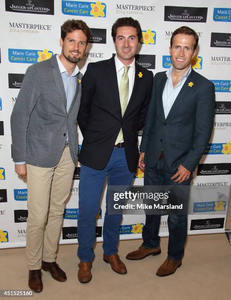 Stephen Bowman, Oliver Baines and Humphrey Berney attend the Masterpiece Marie Curie Summer party in partnership with Jaeger Le-Coultre and Heather...