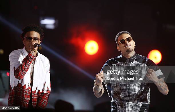 August Alsina and Chris Brown perform onstage during the "BET AWARDS" 14 held at Nokia Theater L.A. LIVE on June 29, 2014 in Los Angeles, California.