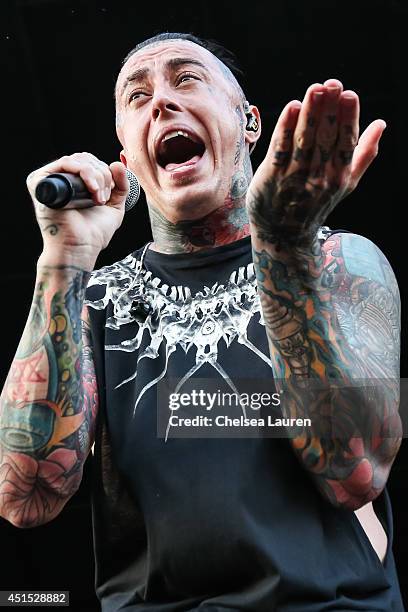 Vocalist Ronnie Radke of Falling In Reverse performs during the Vans Warped Tour on June 22, 2014 in Ventura, California.