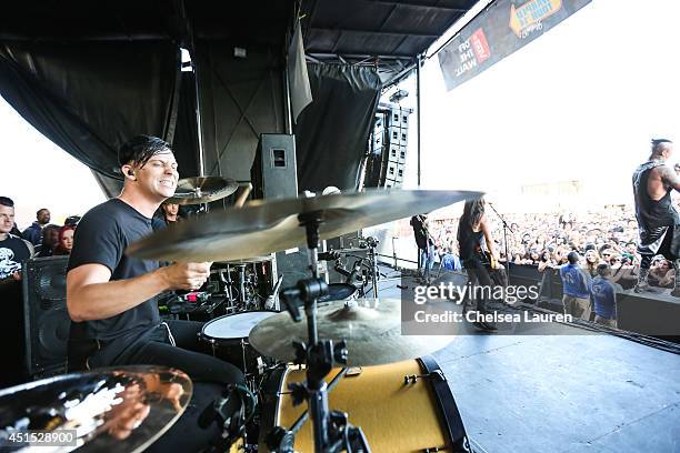 Drummer Ryan Seaman of Falling In Reverse performs during the Vans Warped Tour on June 22, 2014 in Ventura, California.