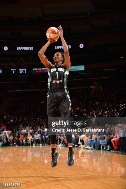 DeLisha Milton-Jones of the New York Liberty shoots against the Chicago Sky on May 17, 2014 at Madison Square Garden in New York, New York. NOTE TO...