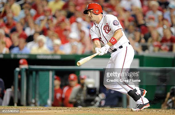 Ryan Zimmerman of the Washington Nationals hits a double in the sixth inning against the Colorado Rockies at Nationals Park on June 30, 2014 in...