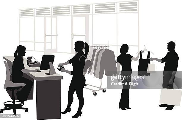 clothes cashier vector silhouette - clothes store stock illustrations
