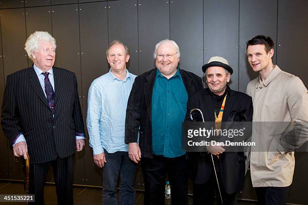Former 'Doctors' form the classic series 'Doctor Who' Tom Baker , Peter Davison , Colin Baker , Sylvester McCoy and current Doctor Matt Smith pose at...