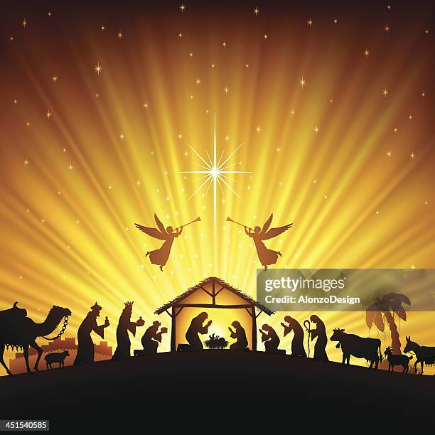 weihnachten weihnachtskrippe - weihnachtsstern stock-grafiken, -clipart, -cartoons und -symbole
