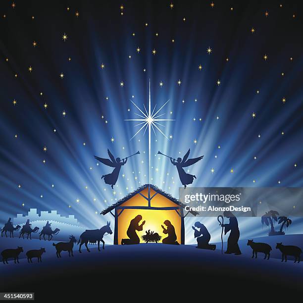 holy night scene - nativity stable stock illustrations