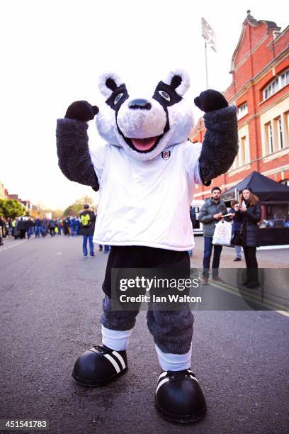 Fulham mascot Billy the Badger greets fans prior to kickoff during the Barclays Premier League match between Fulham and Swansea City at Craven...