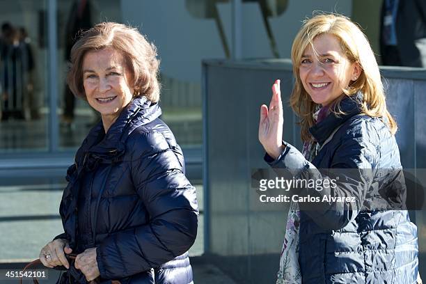 Queen Sofia of Spain and Princess Cristina of Spain visit King Juan Carlos of Spain at the Quiron University Hospital on November 23, 2013 in Pozuelo...
