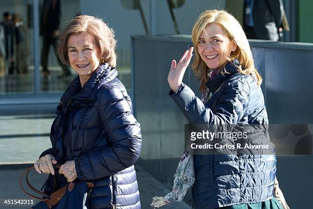 Queen Sofia of Spain and Princess Cristina of Spain visit King Juan Carlos of Spain at the Quiron University Hospital on November 23, 2013 in Pozuelo...