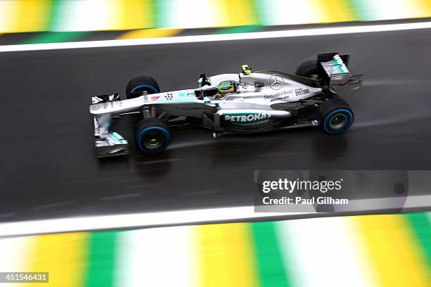 Lewis Hamilton of Great Britain and Mercedes GP drives during the final practice session prior to qualifying for the Brazilian Formula One Grand Prix...