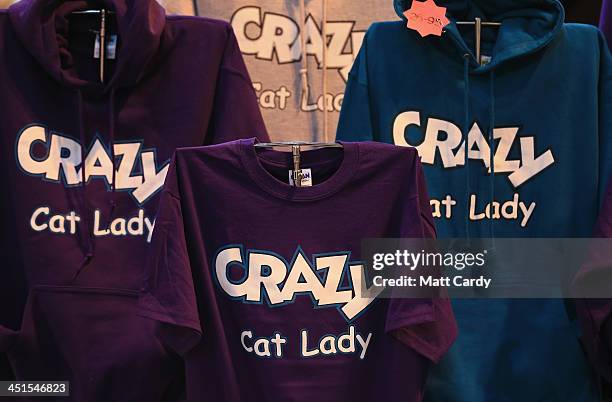 Cat merchandise is seen for sale at the Governing Council of the Cat Fancy's 'Supreme Championship Cat Show' at the NEC Arena on November 23, 2013 in...