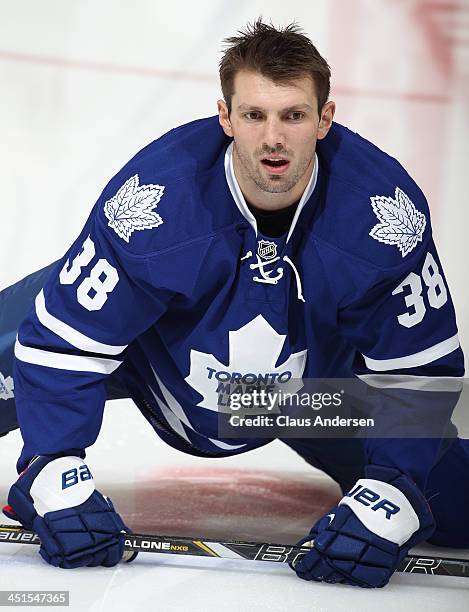 Frazer McLaren of the Toronto Maple Leafs stretches in the warm-up prior to playing against the Nashville Predators during an NHL game at the Air...