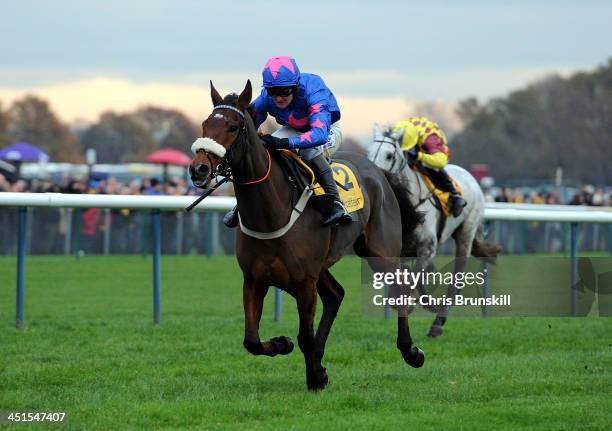 Cue Card ridden by Joe Tizzard wins The Betfair Steeple Chase held at Haydock Racecourse on November 23, 2013 in Haydock, England.