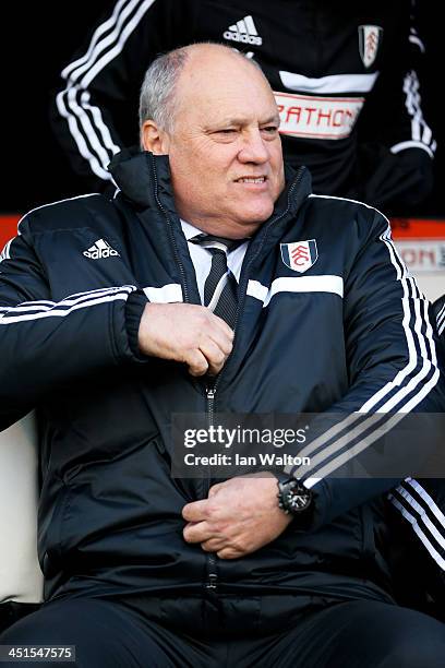 Martin Jol the Fulham manager looks on prior to kickoff during the Barclays Premier League match between Fulham and Swansea City at Craven Cottage on...