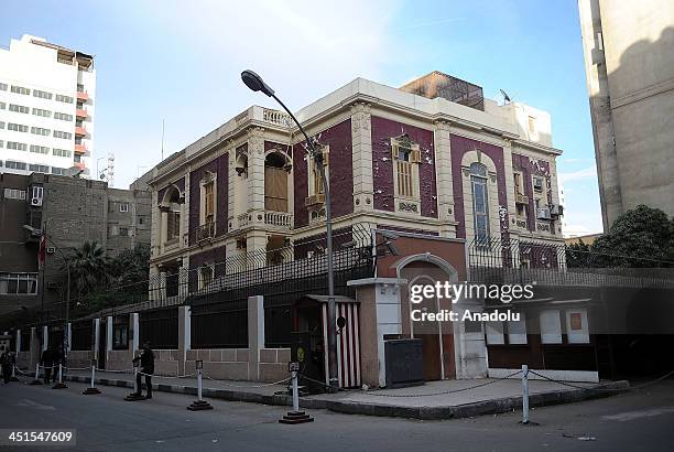 Egyptian policemen keep watch outside the Turkish embassy on November 23, 2013 in Cairo, Egypt. Egypt downgraded diplomatic relations with Turkey and...