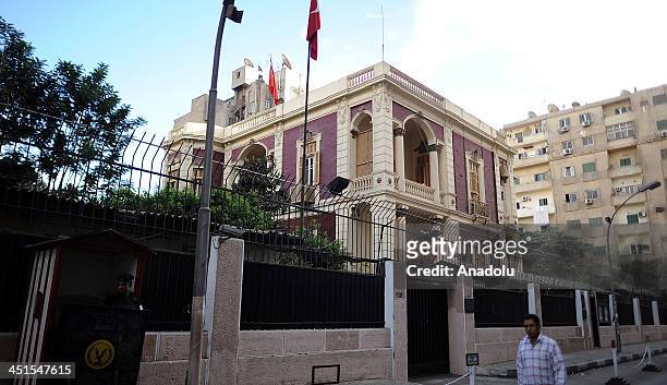 Egyptian policemen keep watch outside the Turkish embassy on November 23, 2013 in Cairo, Egypt. Egypt downgraded diplomatic relations with Turkey and...