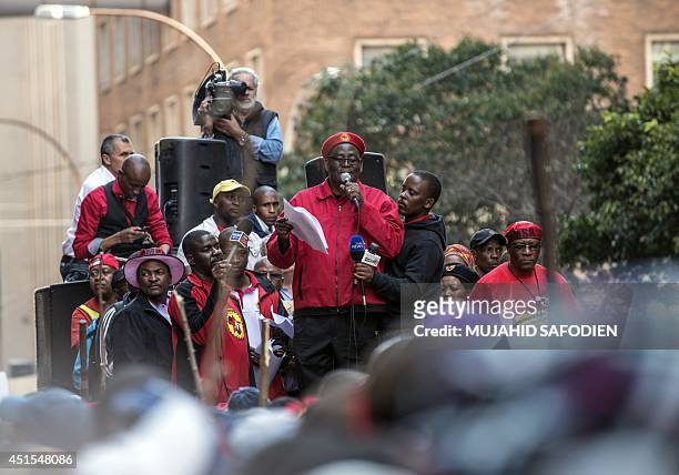 Congress of South African Trade Unions Secretary General Zwelinzima Vavi adresses the crowd on the first day of a nationwide strike called by South...