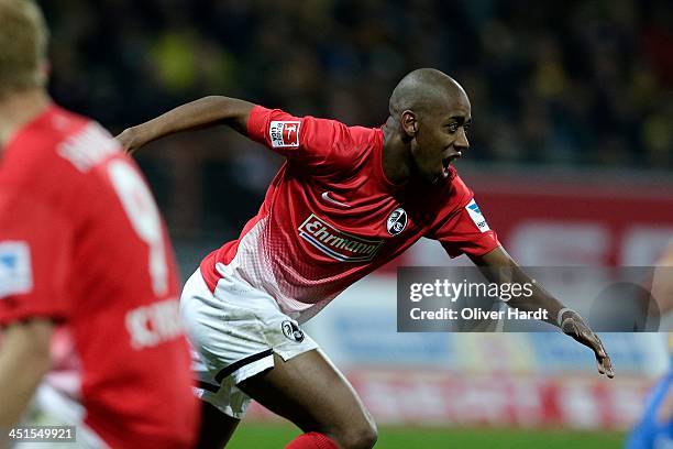 Gelson Fernandes of Freiburg celebrates after scoring their first goal during the Bundesliga match between Eintracht Braunschweig and SC Freiburg at...