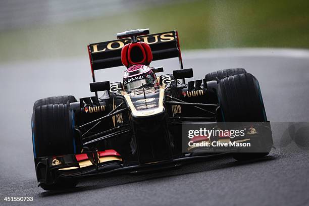 Heikki Kovalainen of Finland and Lotus drives during the final practice session prior to qualifying for the Brazilian Formula One Grand Prix at...