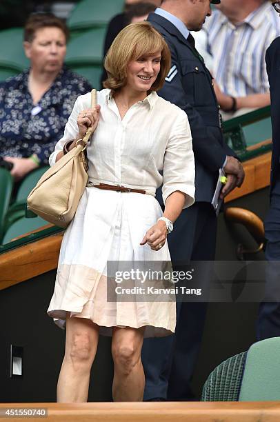 Fiona Bruce attends the Angelique Kerber v Maria Sharapova match on centre court during day eight of the Wimbledon Championships at Wimbledon on July...
