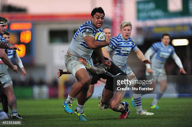 Saracens number 8 Billy Vunipola makes a break during the Aviva Premiership match between Exeter Chiefs and Saracens at Sandy Park on November 23,...