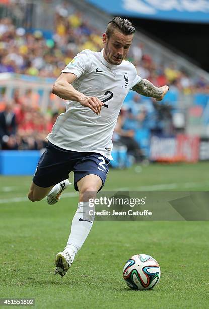 Mathieu Debuchy of France in action during the 2014 FIFA World Cup Brazil Round of 16 match between France and Nigeria at Estadio Nacional on June...