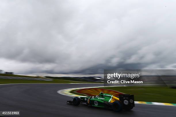Giedo van der Garde of The Netherlands and Caterham drives during the final practice session prior to qualifying for the Brazilian Formula One Grand...
