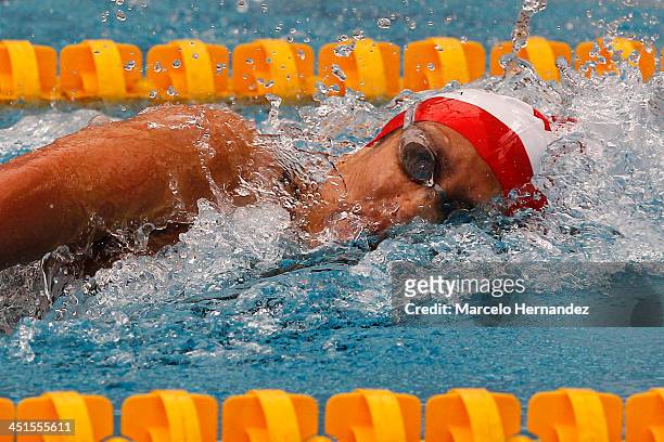 Andrea Cedron of Peru competes in 100 mts Finswimming event as part of the XVII Bolivarian Games Trujillo 2013 at pools complex of Mansiche Stadium...