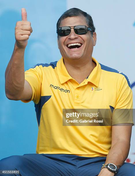 Rafael Correa, President of Ecuador, attends to see his daughter Sofia Correa participate in the opening day of Sport Climbing as part of XVII...