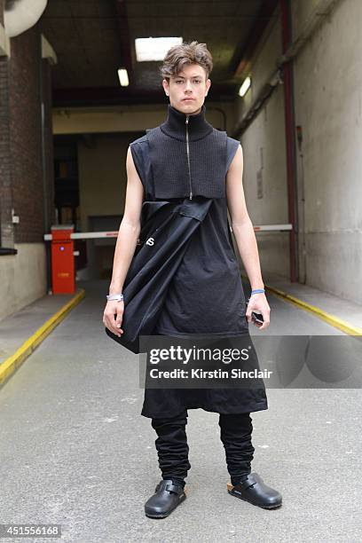 Fashion student and designer for After Homework Peter Kaczmarek wearing Comme Des Garcons skirt and bag, Rick Owen vest, Margiella scarf, After...
