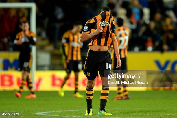 Jake Livermore of Hull City looks dejected after the Barclays Premier League match between Hull City and Crystal Palace at KC Stadium on November 23,...