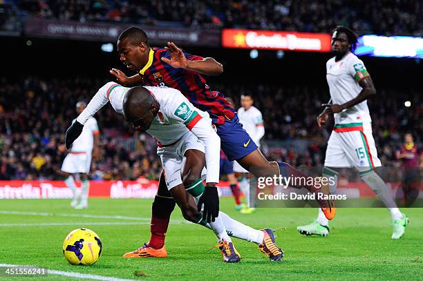 Adama of FC Barcelona duels for the ball with Foulquier of Granada CF during the La Liga match between FC Barcelona and Granda CF at Camp Nou on...