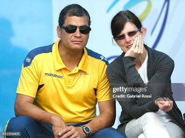 Rafael Correa, President of Ecuador, and his wife Anne Malherbe attend to see their daughter Sofia Correa participate in the opening day of Sport...