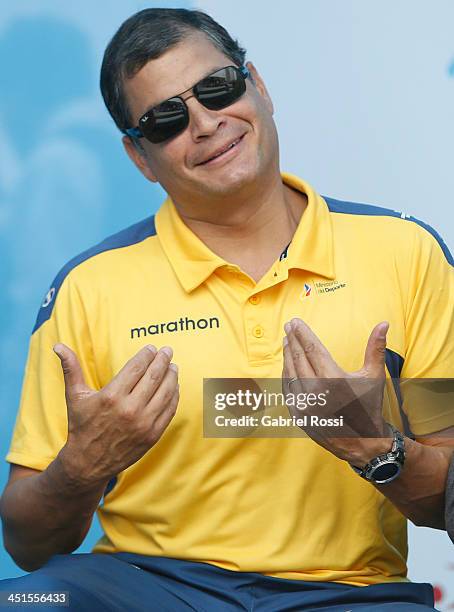 Rafael Correa, President of Ecuador, attends to see his daughter Sofia Correa participate in the opening day of Sport Climbing as part of XVII...