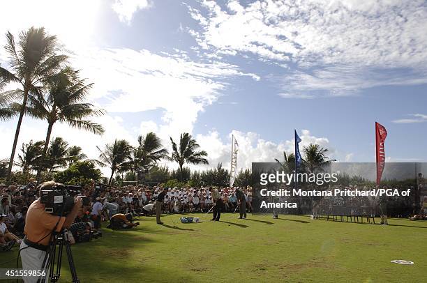 Mike Weir, Jim Furyk, Tiger Woods and Geoff Ogilvy at the Big Break/Champions Clinic during the PGA Grand Slam of Golf at Poipu Bay in Kauai, Hawaii....